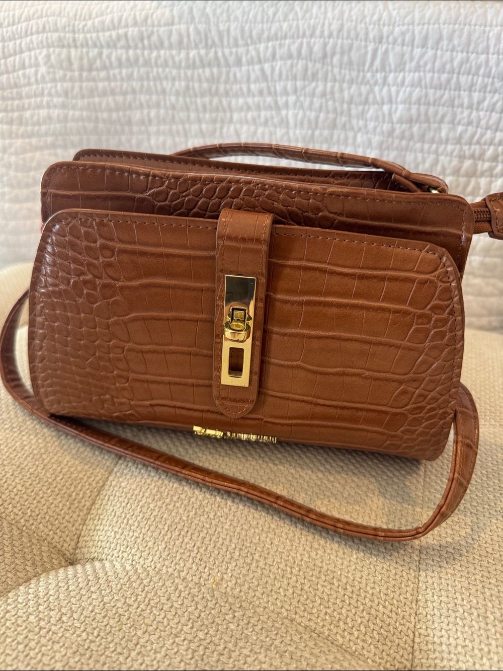 Enzo Angiolini Croc-Embossed Tan Leather Crossbody with Gold Hardware